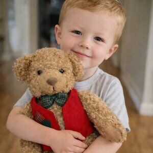 Title: Vintage Hallmark Teddy Bear Red Vest Plaid Bow Plush Stuffed Animal